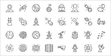 Uydu antenleri, astronot, büyük veriler, galaksi, astronot, dünya, ay gezgini, satürn, asteroid gibi 32 uzay ince taslak ikonu.