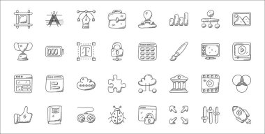 32 web tasarımı ve geliştirme, roket fırlatma, genişletme, hata, başparmak yukarı, video oynatıcı, sohbet, medya oynatıcı, kare takvim, pil seviyesi gibi ince tasarım simgeleri