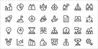 32 takım çalışması İnce taslak simge gibi dişli, takım, garanti, madalya, sohbet, kum saati, takım, değer, amaç gibi