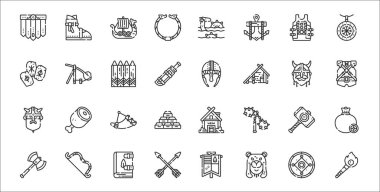 Meşale, Viking, ok, balta, çekiç, boynuz, zırh, miğfer, mancınık gibi 32 Viking ana hatlı simge seti