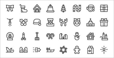 32 noel İnce taslak ikonu. Maytap, zencefilli ekmek adam, kızak, kabin, kürek, hediye, ökseotu, ökseotu gibi.