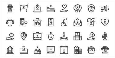 Telefon, okul, çek, kafes, ağaç, ilk yardım seti, hayır kurumu, tekerlekli sandalye, kan bağışı gibi 32 adet hayır kurumunun ana hatları.