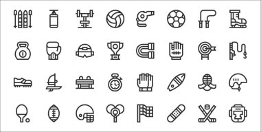 32 spor malzemesi seti. Boks kaskı, snowboard, bilardo, pin pon, kendo, atlama atı, balıkçılık, göğüs açıcı, boks gibi ince taslak ikonlar.