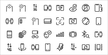 32 telefon ve cep telefonu seti titreşim, g, akıllı telefon, g, diş, bağlantı, tam ekran, yüz tanıma, arka kamera gibi ince dış hat simgeleri