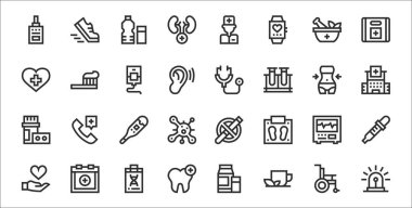 Siren, bitki çayı, diş bakımı, kalp, elektrokardiyogram, termometre, hastane, stetoskop, diş fırçası gibi 32 adet sağlık sembolü.