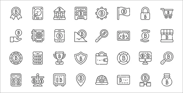 Set Bitcoin Thin Outline Icons Money Bag Cit Card Pin — Stock Vector