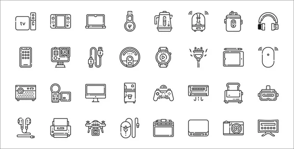 Set Electronic Devices Thin Outline Icons Smart Mac Mouse Earphones — Stock Vector