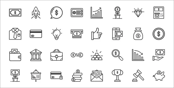 Set Business Finance Thin Outline Icons Piggy Bank Trophy Earning — Stock Vector