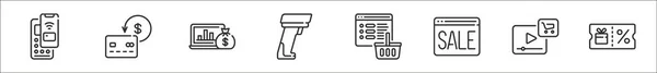 온라인 쇼핑의 아이콘들 노트북 바코드 스캐너 브라우저 비디오 바우처 — 스톡 벡터