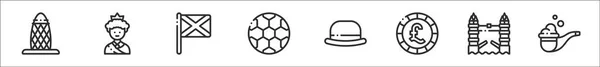 set of 8 united kingdom thin outline icons such as gherkin, queen, scotland, soccer, bowler hat, pound sterling, london bridge, pipe