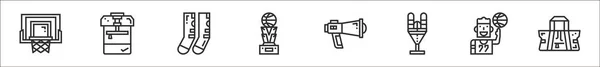 フープ バックパック メガホン トレーニング バスケットボール選手 スポーツバッグなどの8つのバスケットボールの細いアウトラインアイコンのセット — ストックベクタ