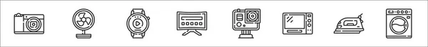 Ensemble Appareils Électroniques Contour Mince Icônes Telles Que Caméra Ventilateur — Image vectorielle