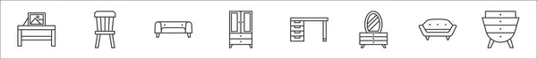 Набор Мебели Тонкие Контуры Иконки Такие Стол Стул Диван Буфет — стоковый вектор