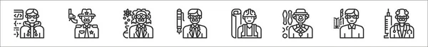 set of 8 professions and occupation thin outline icons such as programmer, sheriff, scientist, ceo, engineer, juggler, writer, doctor