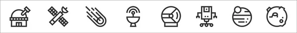 Set Van Ruimte Dunne Omtrek Pictogrammen Zoals Observatorium Satelliet Meteoriet — Stockvector