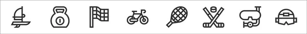 8つのスポーツ用品のセットウィンドサーフィン ケトルベル フィニッシュフラグ 自転車 テニス ホッケー ダイビングマスク ヘルメットなどの薄いアウトラインアイコン — ストックベクタ