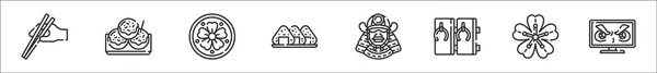 Sada Japonsko Tenké Obrysové Ikony Jako Hůlky Takoyaki Rodina Onigiri — Stockový vektor
