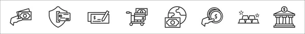 Set Payment Bank Thin Outline Icons Cash Secure Payment Cheque — Stock Vector