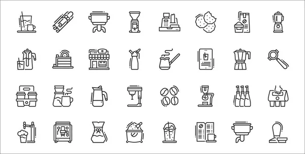 Set Coffee Thin Outline Icons Tamper Menu Coffee Cold Syrup — Stock Vector