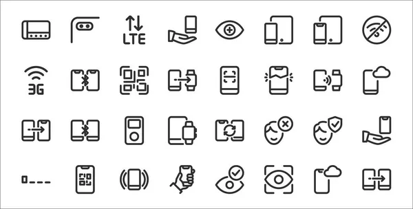 32 telefon ve cep telefonu seti. Aktarım, göz tarayıcı, akıllı telefon, düşük yüz tanıma, müzik çalar, mobil bulut, akıllı telefon, bozuk akıllı telefon gibi ince taslak simgeler.