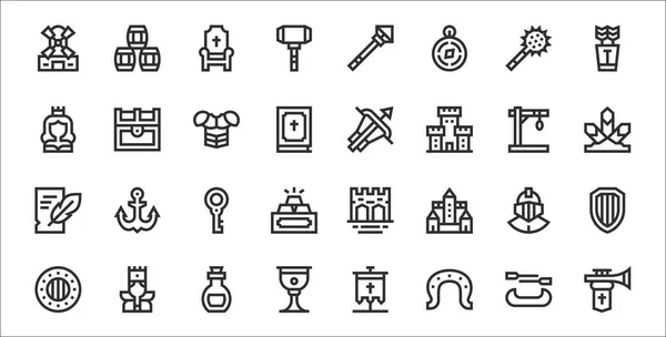 Set Medieval Items Thin Outline Icons Trumpet Horseshoe Goblet Shield — Stock Vector