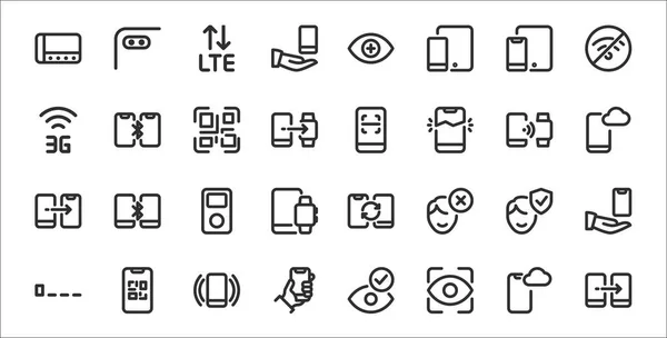 Conjunto Teléfonos Móviles Iconos Delgados Contorno Tales Como Transferencia Escáner — Archivo Imágenes Vectoriales
