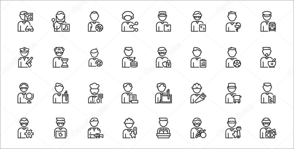 set of 32 man worker avatar thin outline icons such as financial advisor, nutritionist, engineer, technician, bus driver, chef, therapist, hacker, historian