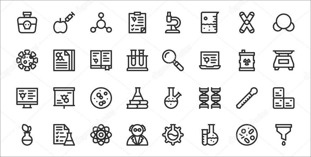 set of 32 laboratory thin outline icons such as filter, laboratory, scientist, flask, eyedropper, germ, weight, magnifying glass, report
