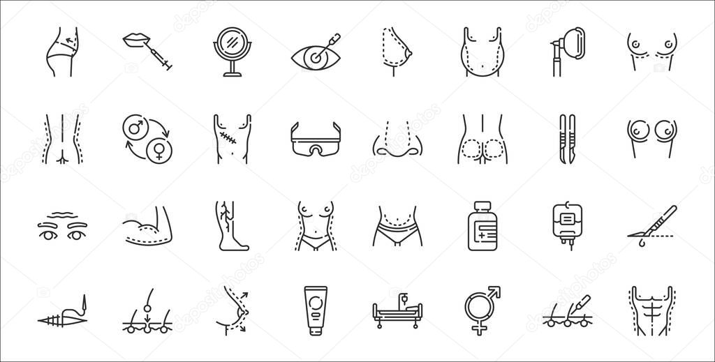 set of 32 plastic surgery thin outline icons such as torso, gender, cream, suture, dropper, veins, sil, nose, gender