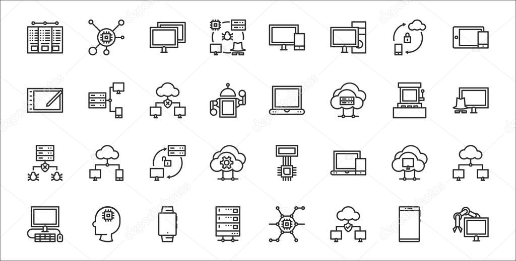 set of 32 computers and network thin outline icons such as robotic arm, network, server, computer, cloud computing, synchronization, hacking, laptop, computer networks