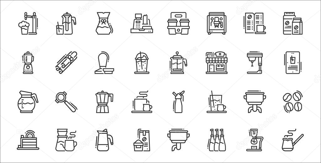 set of 32 coffee thin outline icons such as turkish, syrup, coffee pack, cake, double, moka pot, coffee, french, cinnamon