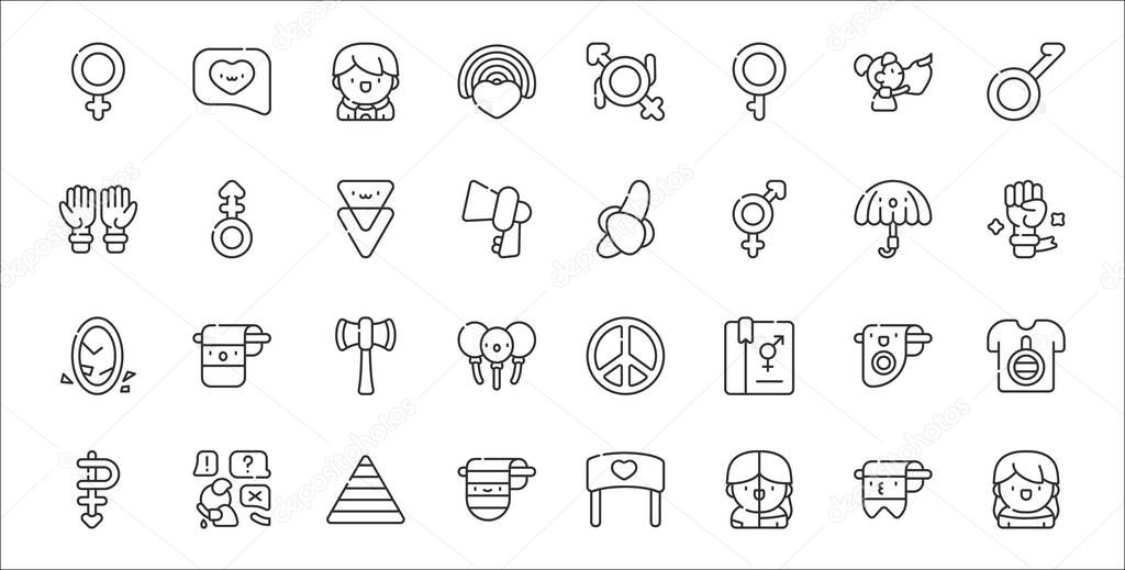 set of 32 gender identity thin outline icons such as mtf, bigender, transgender, pansexual, intersexual, labrys, fist, sex education, androgyne