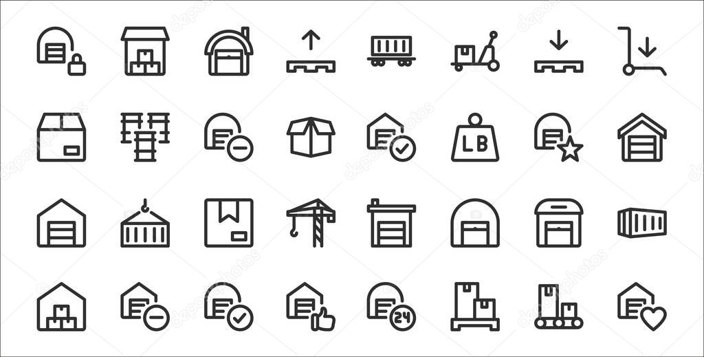 set of 32 warehouse thin outline icons such as warehouse, pallet, warehouse, shipping, oil barrel