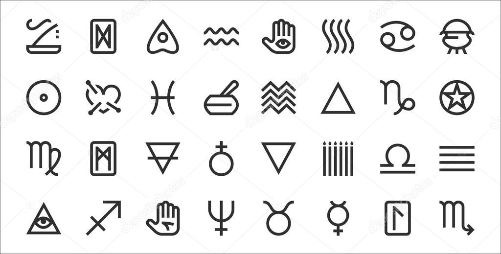 set of 32 esoteric thin outline icons such as scorpio, mercury, neptune, all seeing eye, libra, earth, pentagram, earth, voodoo