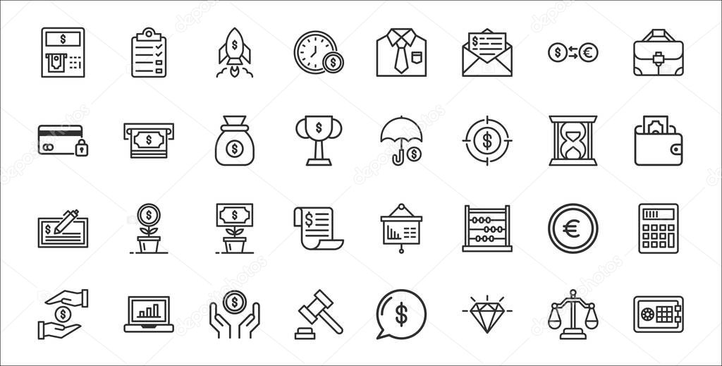 set of 32 business finance thin outline icons such as safe box, diamond, auction, charity, coin, growth, wallet, insurance, cash