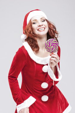 Mutlu çekici beyaz kırmızı saçlı Noel Baba Yardımcısı renk tatlı lolipop şeker-Erik şeker ile