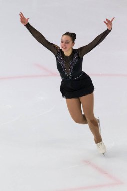 Minsk, Belarus 1 Kasım 2020 - Beyaz Rusya 'dan Profesyonel Kadın Artistik Patinaj Aleksandra Chepeleva 1 Kasım 2020' de Beyaz Rusya 'nın Minsk kentinde Bayanlar Kıdemli Buz Yıldızı Şampiyonası Serbest Patinaj Programını gerçekleştirdi.