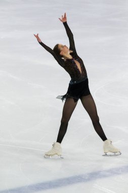 Minsk, Belarus 1 Kasım 2020 - Beyaz Rusya 'dan Profesyonel Kadın Artistik Patinaj Viktoria Safonova 1 Kasım 2020' de Beyaz Rusya 'nın Minsk kentinde Bayanlar Kıdemli Buz Yıldızı Şampiyonası' nda Serbest Patinaj Programı düzenledi.