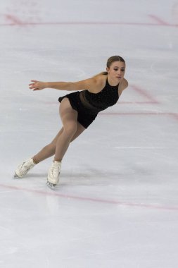 Minsk, Belarus 1 Kasım 2020 - Kıbrıslı Profesyonel Kadın Artistik Patinajcı Emilea Zingas, 1 Kasım 2020 'de Beyaz Rusya' nın Minsk kentinde Kıdemli Buz Yıldızı Şampiyonası 'nda Bayanlar Serbest Patinaj Programını gerçekleştirdi