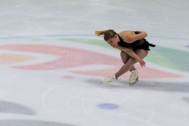 Minsk, Belarus 1 Kasım 2020 - Kıbrıslı Profesyonel Kadın Artistik Patinajcı Emilea Zingas, 1 Kasım 2020 'de Beyaz Rusya' nın Minsk kentinde Kıdemli Buz Yıldızı Şampiyonası 'nda Bayanlar Serbest Patinaj Programını gerçekleştirdi