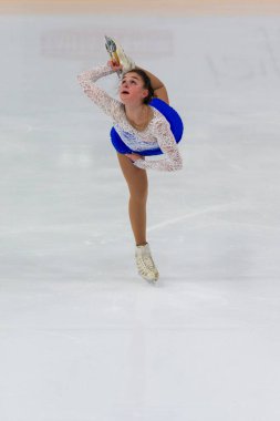 Minsk, Belarus 1 Kasım 2020, İsrailli Profesyonel Kadın Artistik Patinaj Viktoria Iushchenkova 1 Kasım 2020 'de Beyaz Rusya' nın Minsk kentinde Kıdemli Buz Yıldızı Şampiyonası 'nda Bayanlar Serbest Patinaj Programı düzenledi.