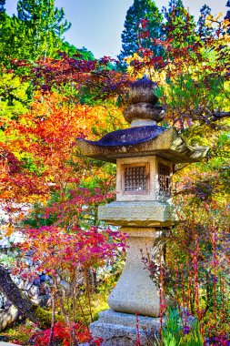 Japonya 'daki Koyasan Dağı' ndaki Japon Bahçesinde Geleneksel Taş Fener Manzarası. Dikey Görüntü