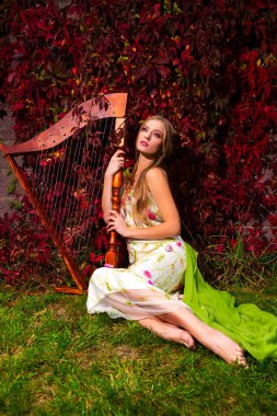 Şehvetli beyaz kadın arpçının portresi. Uzun süslü elbiseli, harpla dışarıda sarmaşık duvarına poz veriyor. Dikey Çekim