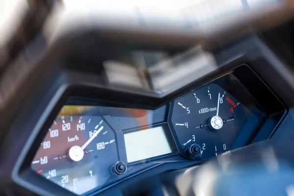 Motorcycling Concept. Modern Motorcycle Dashboard panel with two Gauges. Horizontal Image Composition