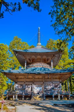 Asya Seyahat Belgeleri. Japonya 'daki Koya Dağı' nda (Koyasan) Danjo Garan Tapınağı Kompleksi ve Konpon Daito (Büyük Pagoda). Dikey Resim