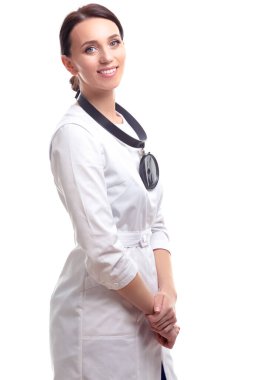 Profesyonel gülümseyen kadın pratisyen hekim doktor pozu ve beyaz arka plana karşı muayene aynası. Dikey Resim DüzenleyiciName