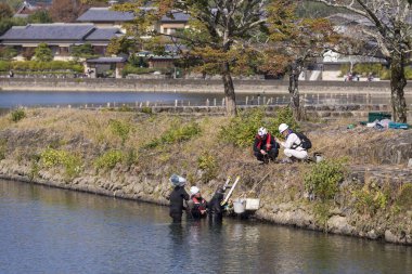 Kyoto, Japonya - 7 Kasım 2019: Japon Profesyonel Erkek Dalgıçlar 7 Kasım 2019 'da Japonya' nın Kyoto şehrinde Sualtı İnşaat İşleri Caddesi için Nehirdeki Erkek Dalgıçlar Grubu