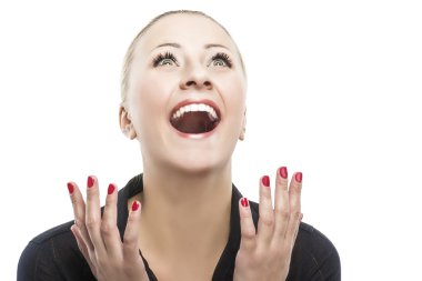 Yana doğru arayan genç beyaz kadın heyecanlandırmak mutlu şaşırttı