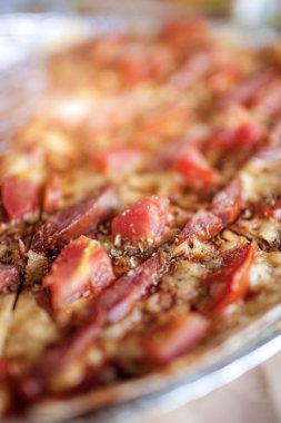 Sebze ve baharat yerleştirilmiş plaka üzerinde lezzetli salam Pizza