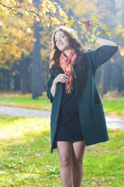 Sonbahar ormanda açık havada duran kadın modeli.